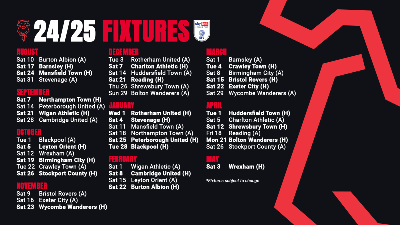 A graphic listing the 2024/25 fixtures for Lincoln City.