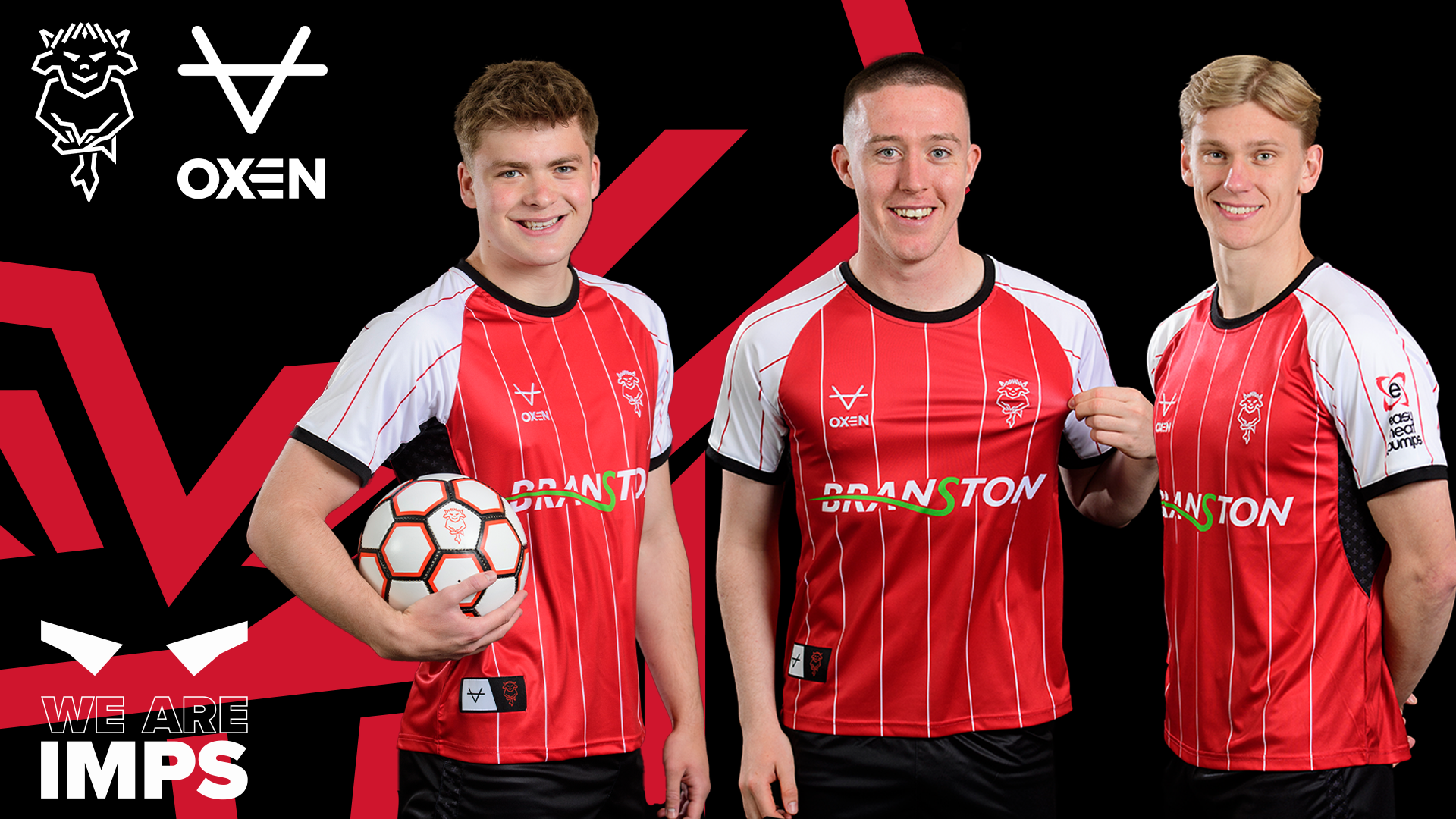A graphic featuring Freddie Draper, Jack Moylan and Lasse Sorensen wearing the 2024/25 home kit. It is predominantly red kit with white arms.