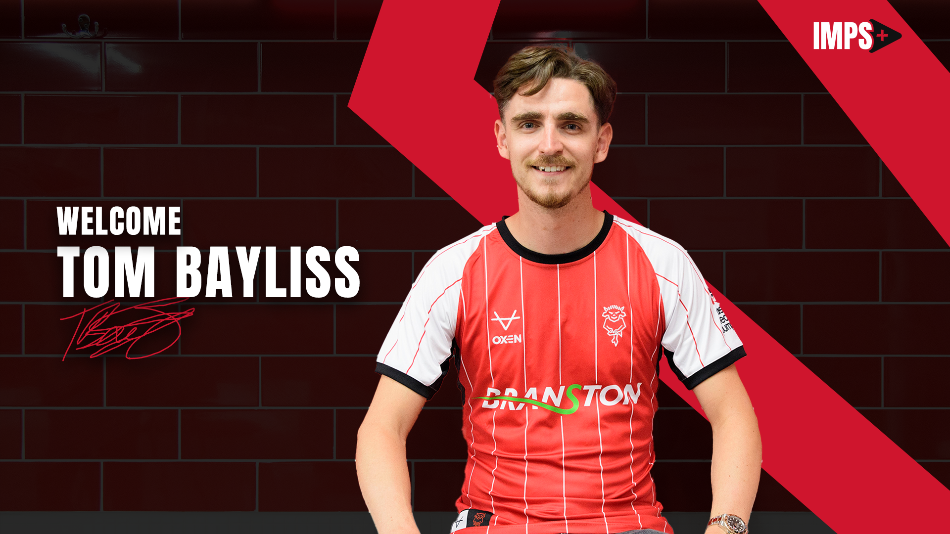 A graphic of Tom Bayliss in a home Lincoln City shirt. The shirt has a red body and white sleeves.