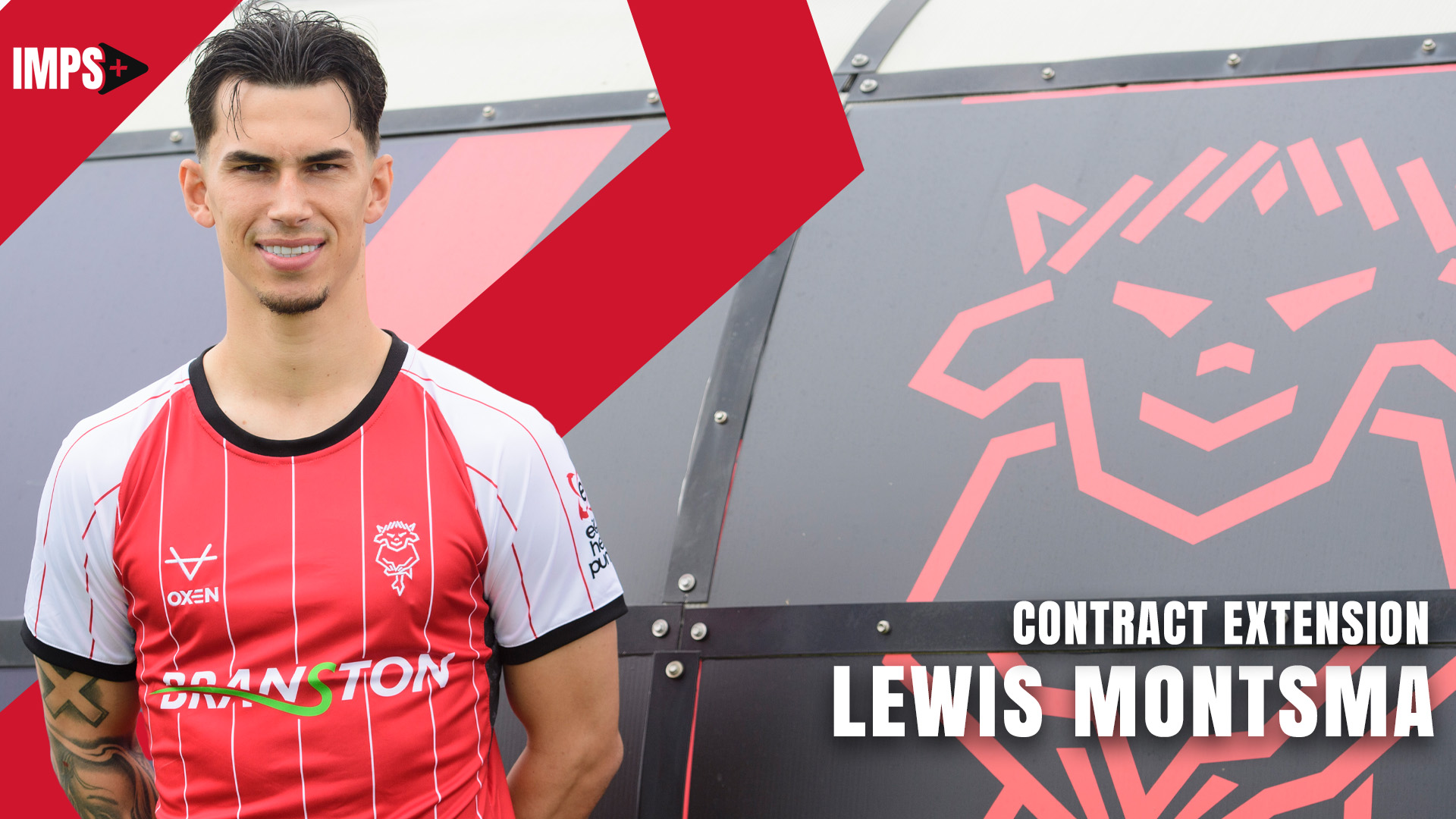 Lewis Montsma poses in front of the Lincoln City badge. Text reads "Contract extension Lewis Montsma"