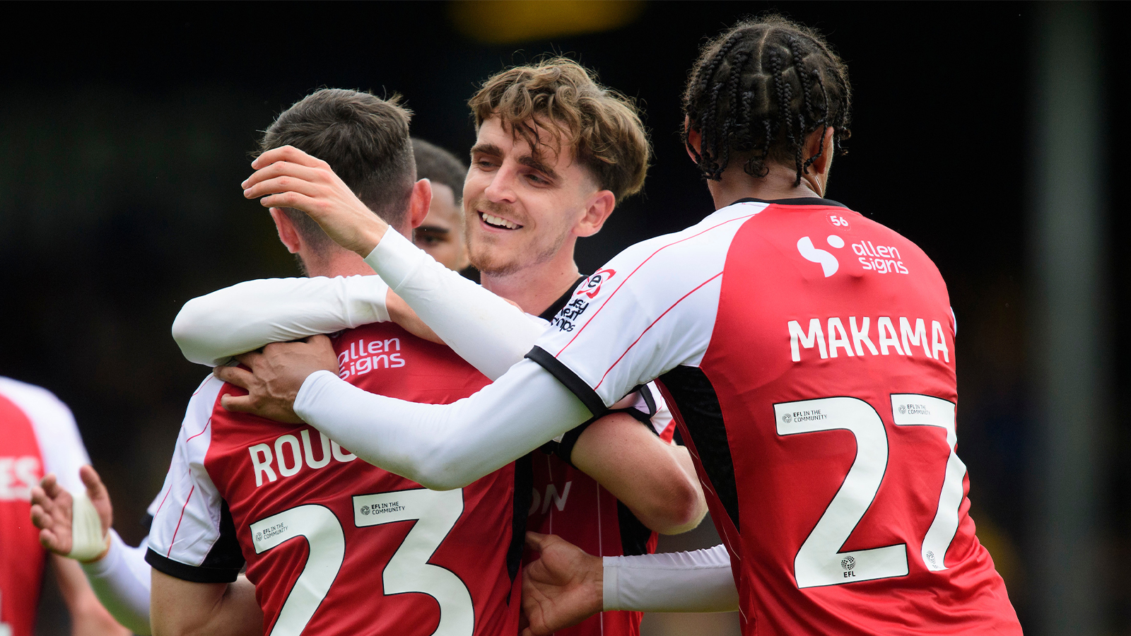 City celebrate scoring in the 4-1 home win over Mansfield Town