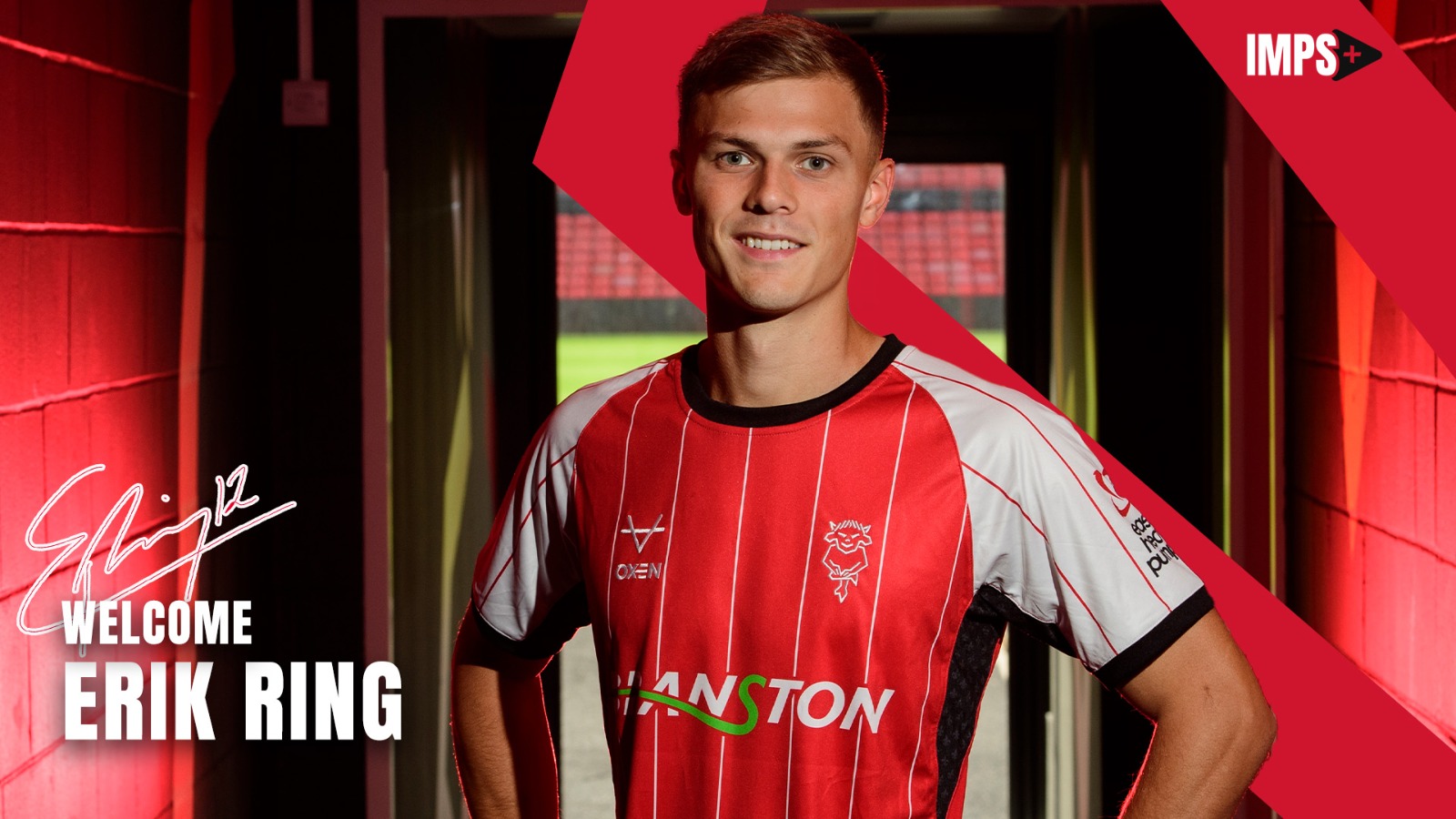 Erik Ring poses in the tunnel at the LNER Stadium. Text reads: "Welcome Erik Ring"