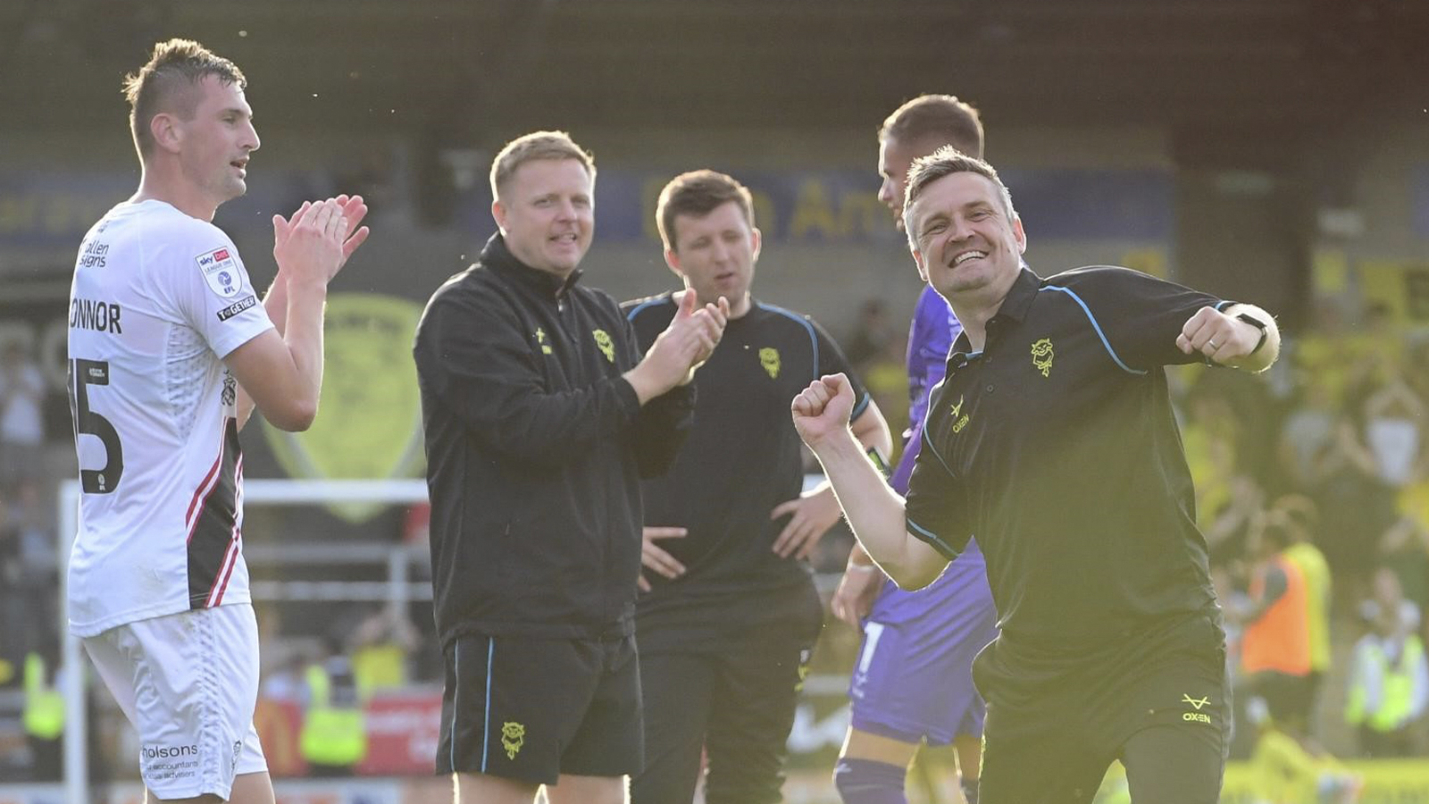 Michael Skubala celebrates at the end of City's 3-2 away win at Burton Albion