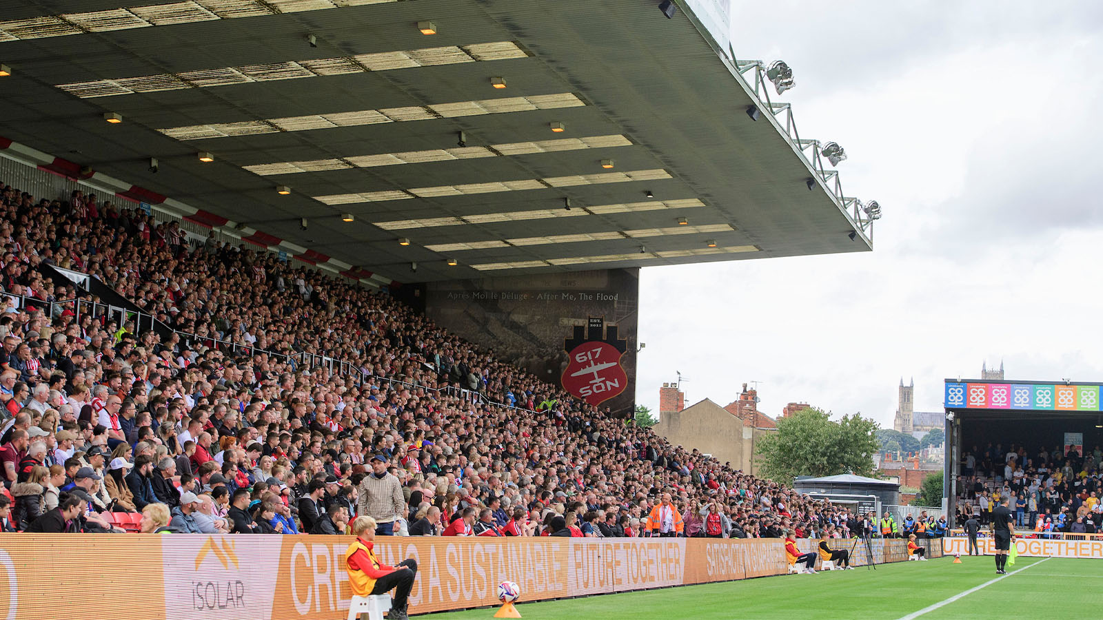 The GBM Stand at the LNER Stadium, full for the visit of Mansfield Town.