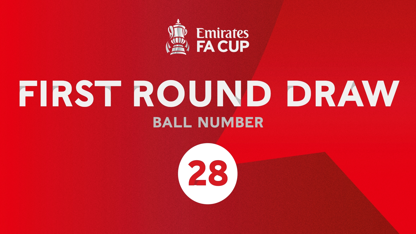 A graphic which features the Emirates FA Cup logo. Below it text reads: First round draw ball number 28. The graphic has a red background with the text in white.