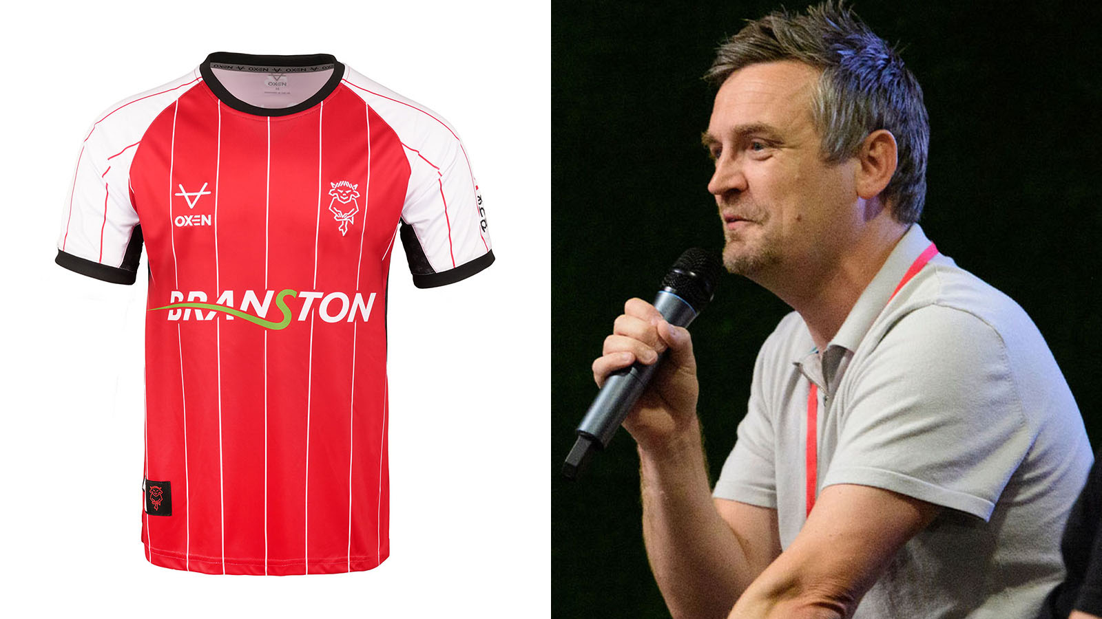 A 2024/25 Lincoln City home shirt, with head coach Michael Skubala pictured