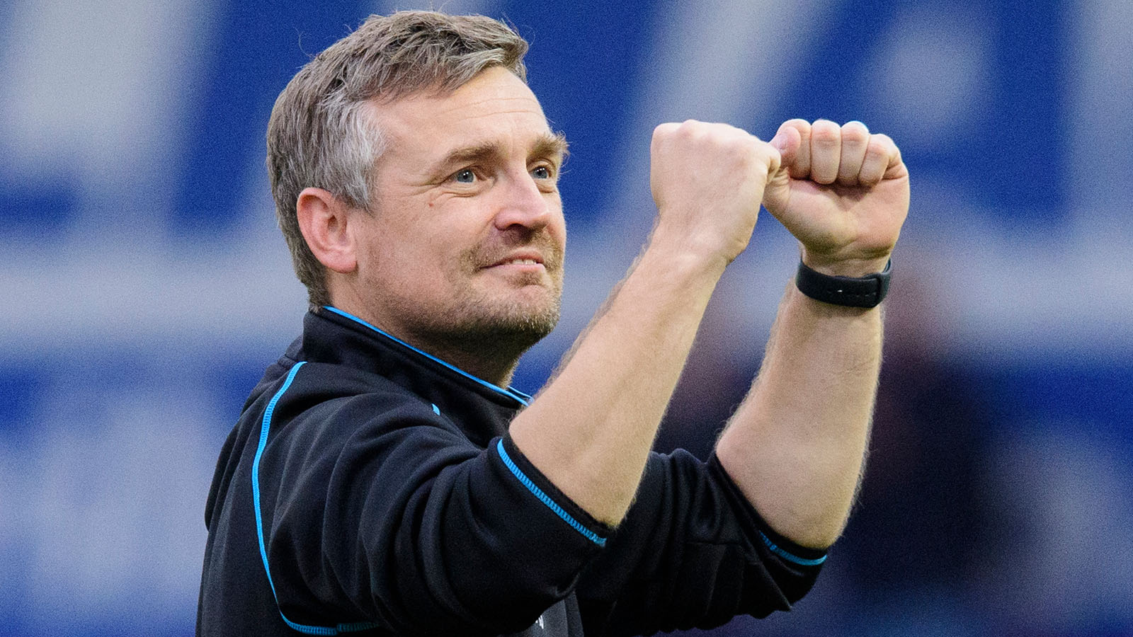 City head coach Michael Skubala celebrates after the 2-1 home win over Stockport County