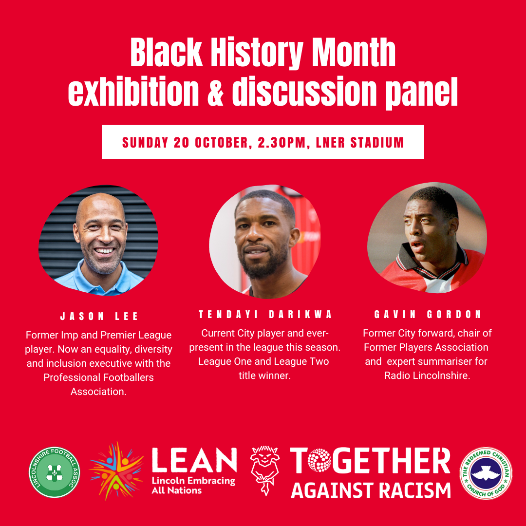 A graphic featuring the headshots of three black footballers. Text reads: Black History Month exhibition and discussion panel. Sunday 20 October, 2.30pm, LNER Stadium