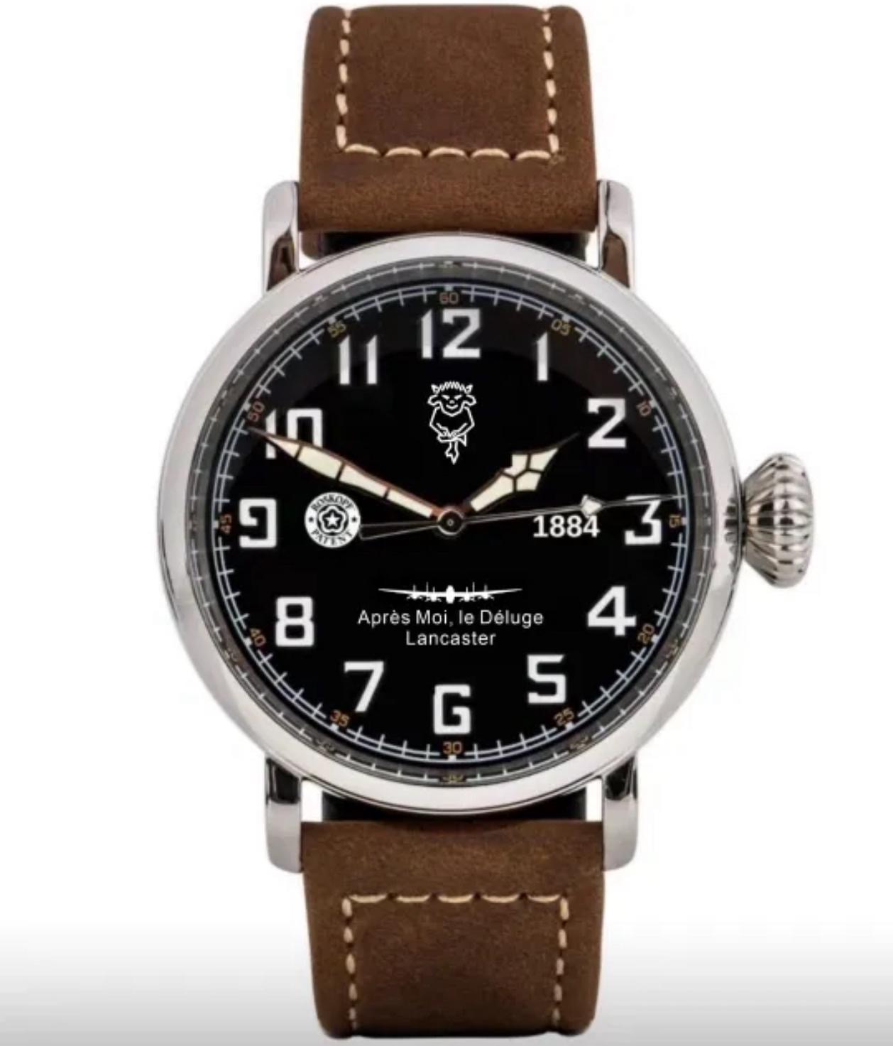 A close up of a watch. The face is black with white numbering. The design features the silhouette of a Lancaster bomber plane. The strap is brown.