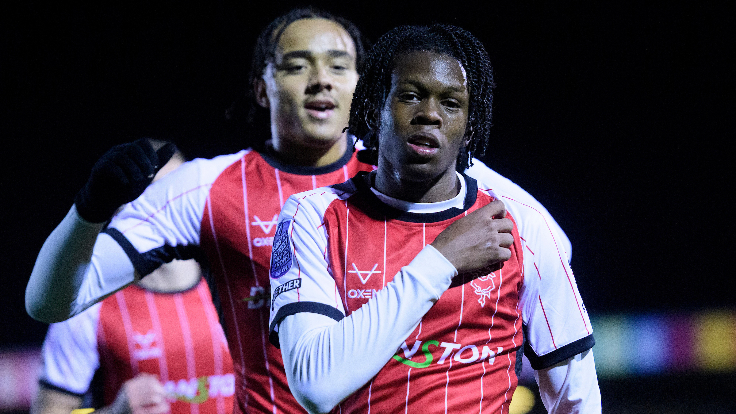 Zane Okoro is congratulated by Jovon Makama after his goal