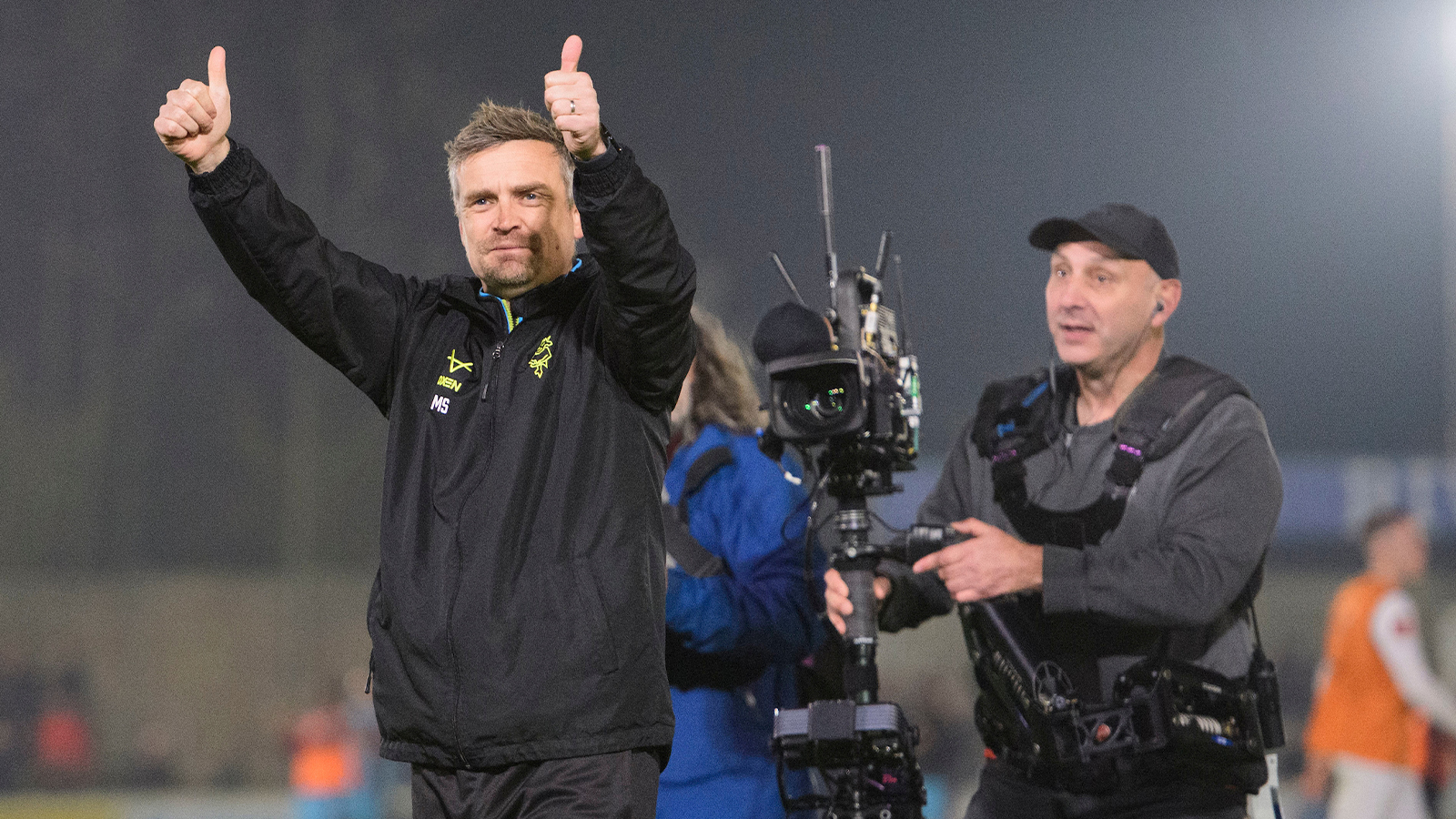 City head coach Michael Skubala celebrates at full time of the win at Chesham