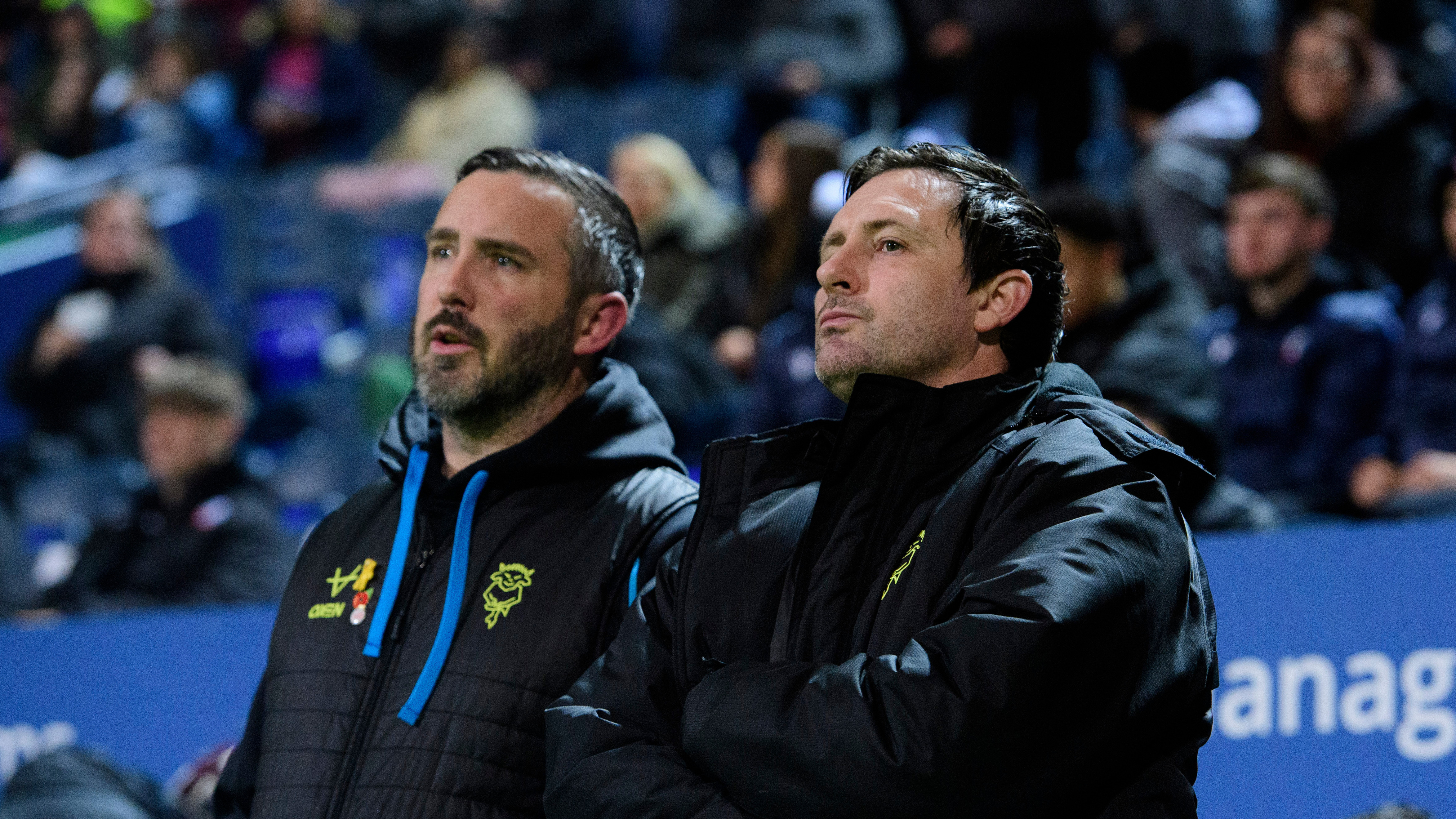 Calum Oakenfold and Sam Tillen on the touchline at the Toughsheet Community Stadium