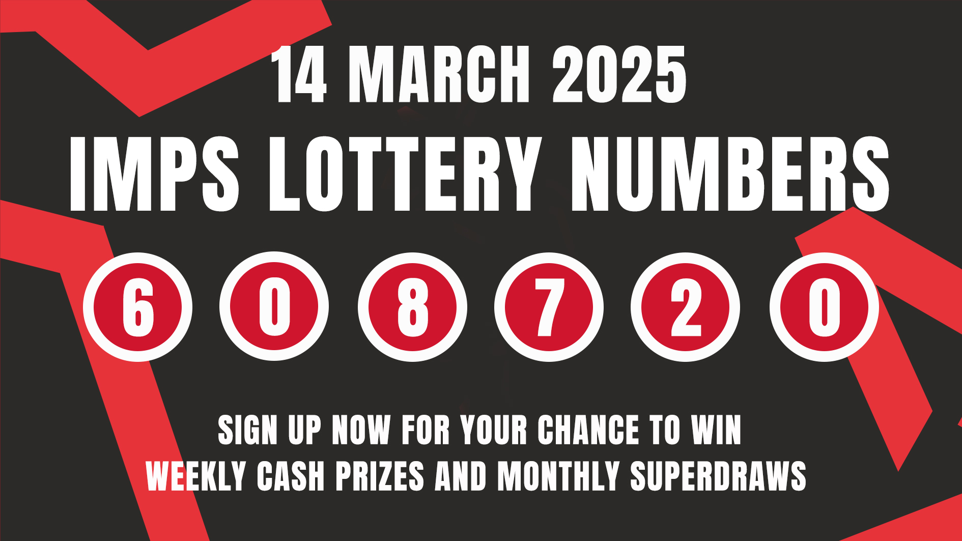 Imps Lottery winning numbers - 6 0 8 7 2 0