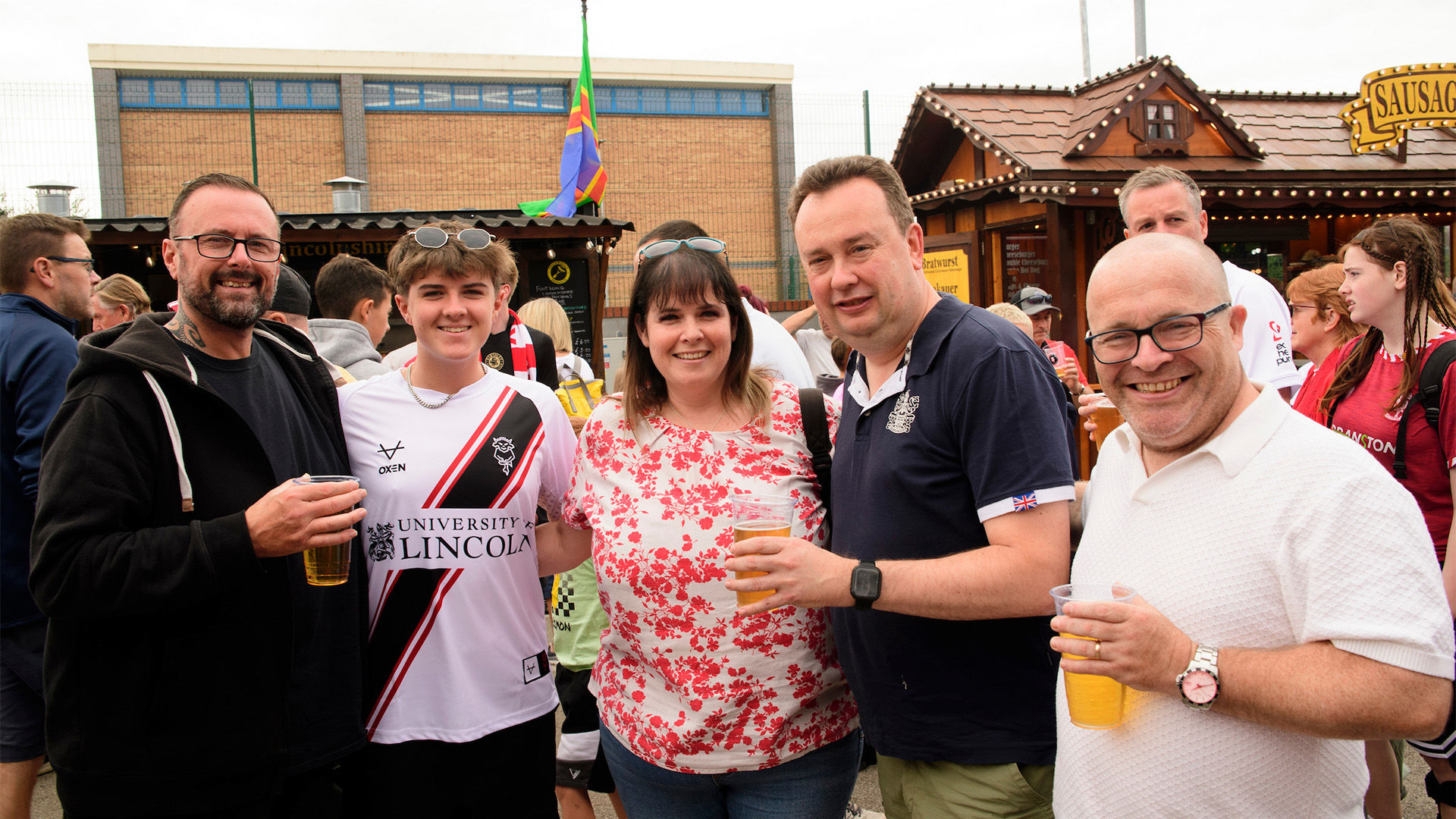 Lincoln City fans enjoying the pre-match atmosphere in the University of Lincoln Fan Village.