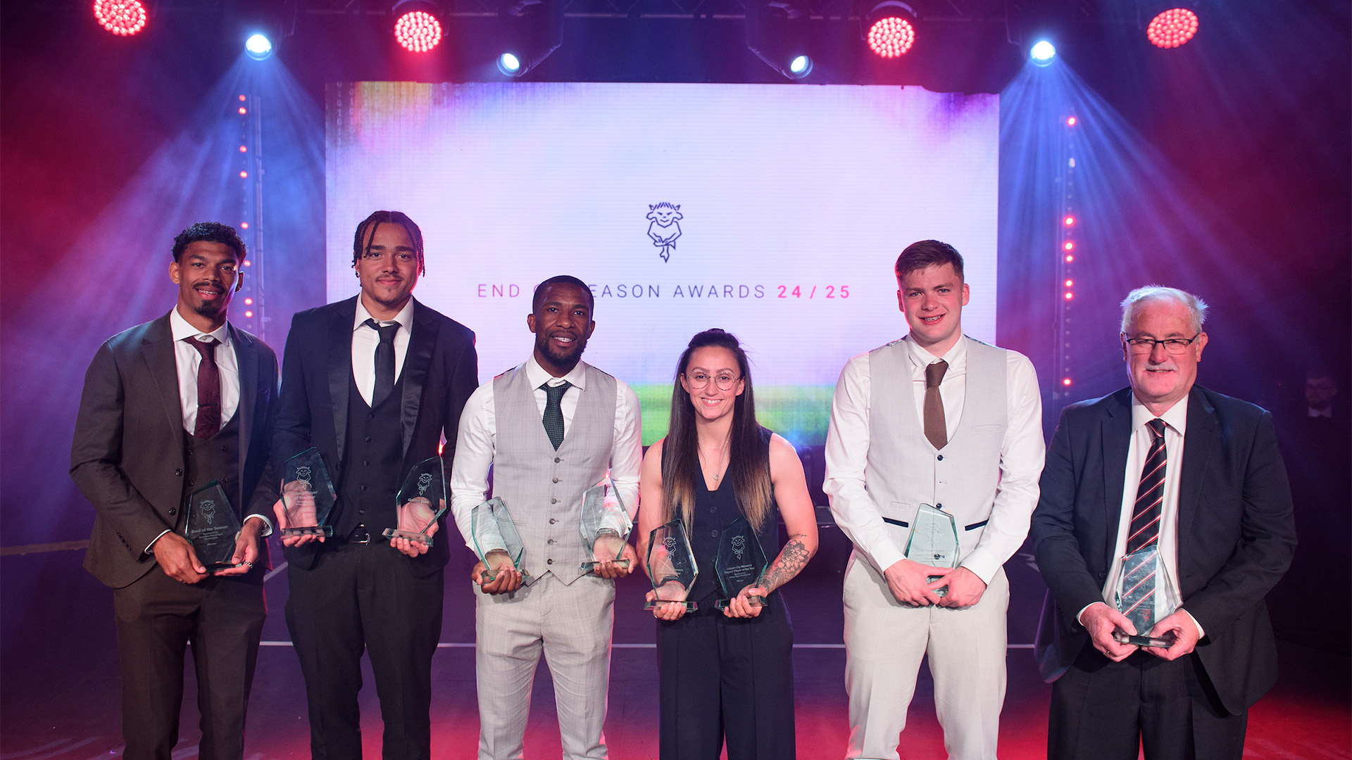 The Lincoln City 2024/25 season award winners, from left, Reeco Hackett, Jovon Makama, Tendayi Darikwa, Shelbey Morris, Freddie Draper and Alan Long.