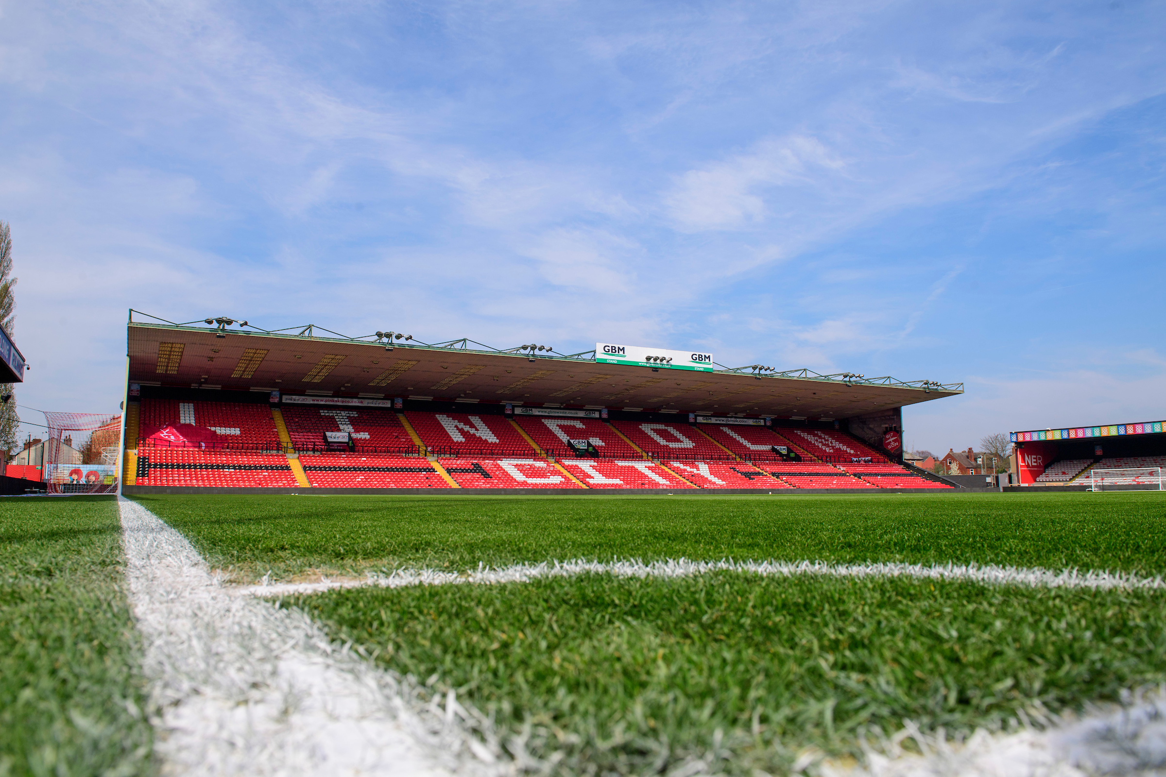 A general view of LNER Stadium, home of Lincoln City, showing the GBM Stand the EFL Sky Bet League One match between Lincoln City and Shrewsbury Town at LNER Stadium, Lincoln.