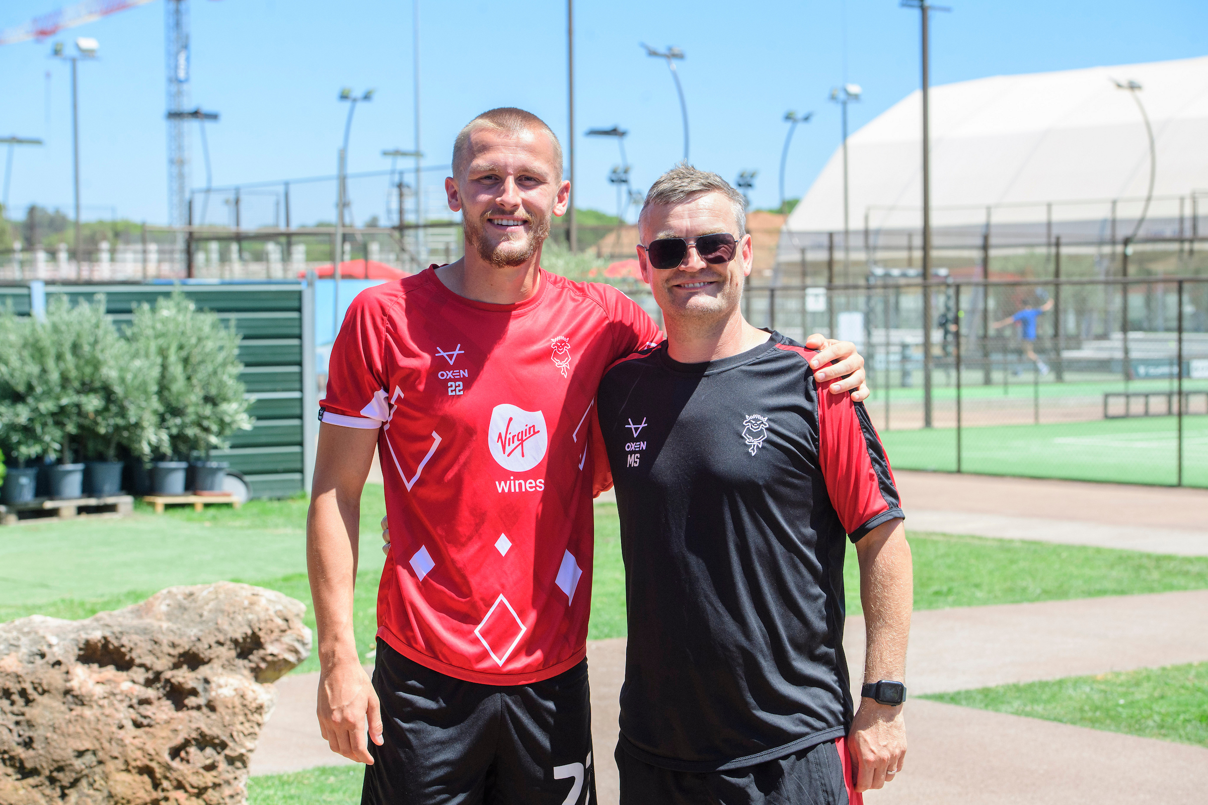 Tom Hamer of Lincoln City, left, and Michael Skubala, head coach of Lincoln City during a club-organised Padel tournament as part of the pre-season training camp at Vilamoura Tennis and Padel Academy, Vilamoura, Portugal.