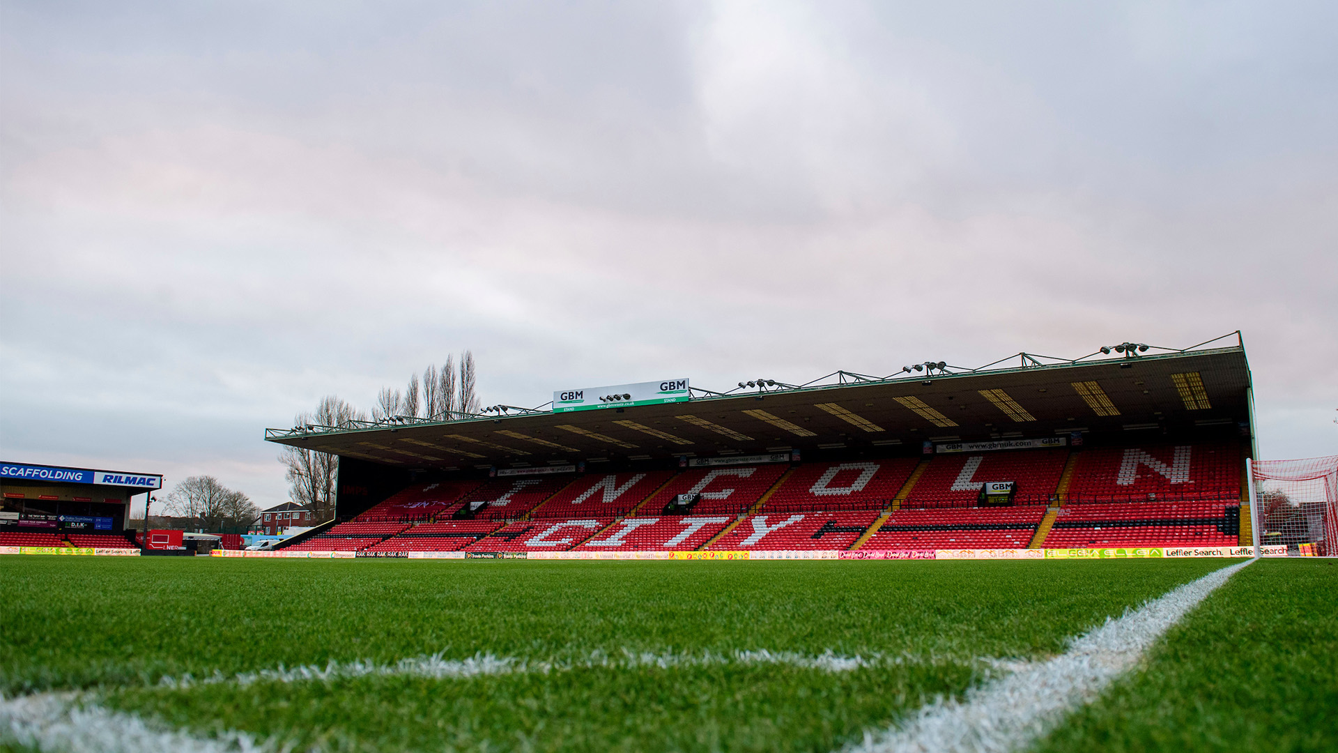 A general view of LNER Stadium, home of Lincoln City, showing the GBM Stand prior to the Vertu Trophy round of 16 (northern section) match between Lincoln City and Bolton Wanderers at LNER Stadium.