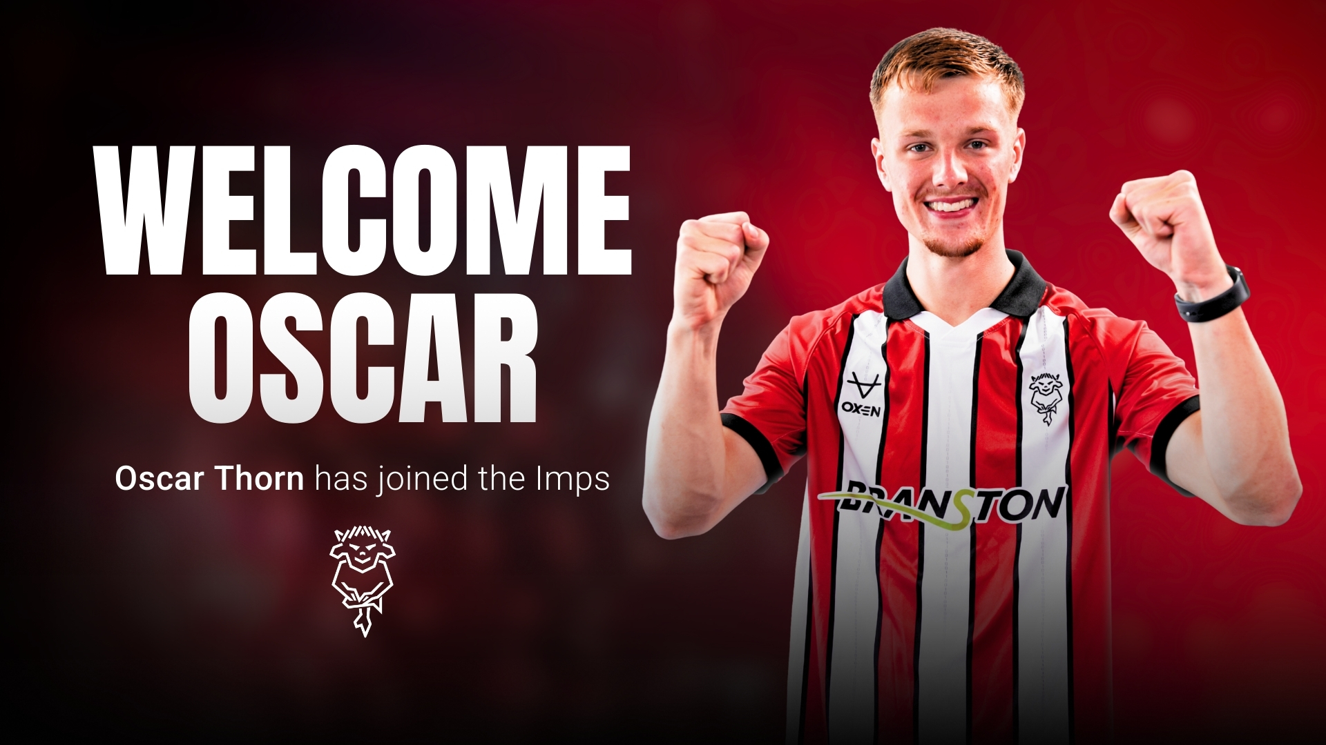 Oscar Thorn holds his hands up in celebration while wearing a red and white striped top. Text reads: "Welcome Oscar"