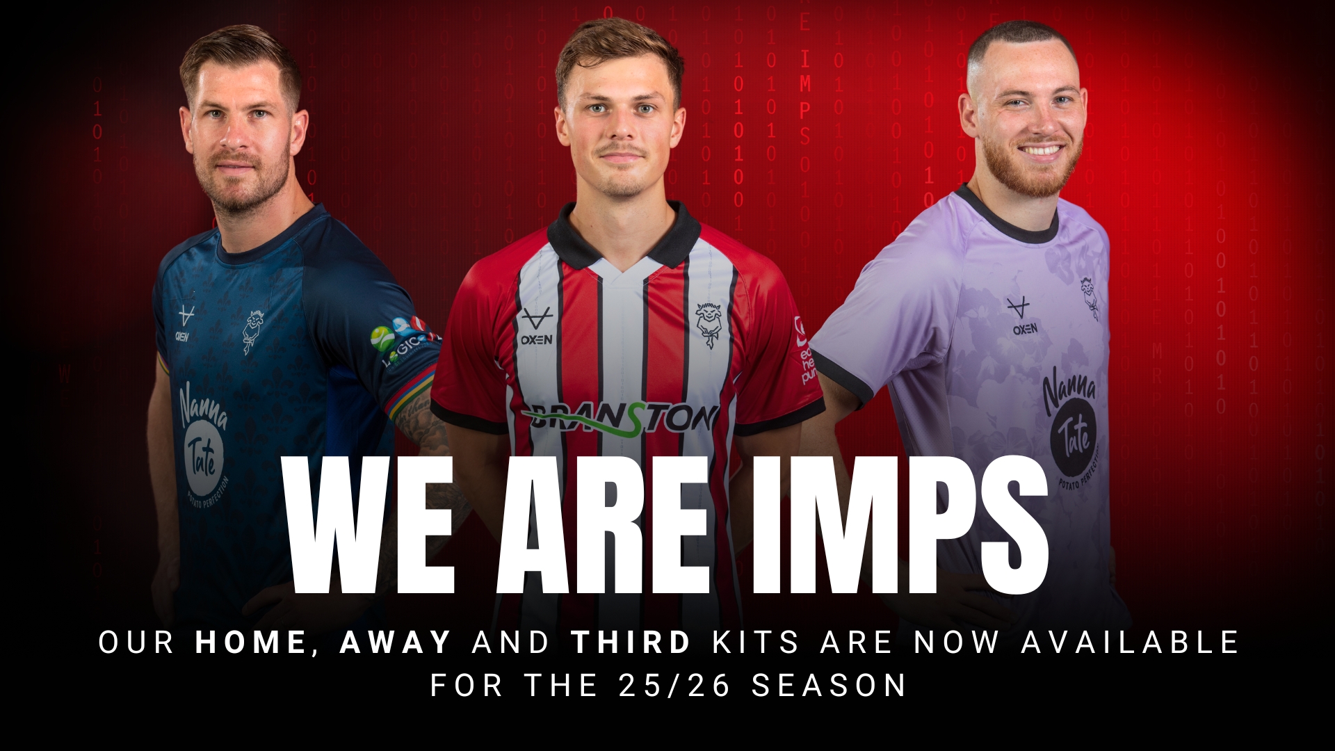 The Lincoln City home, away and third shirts for 25/26