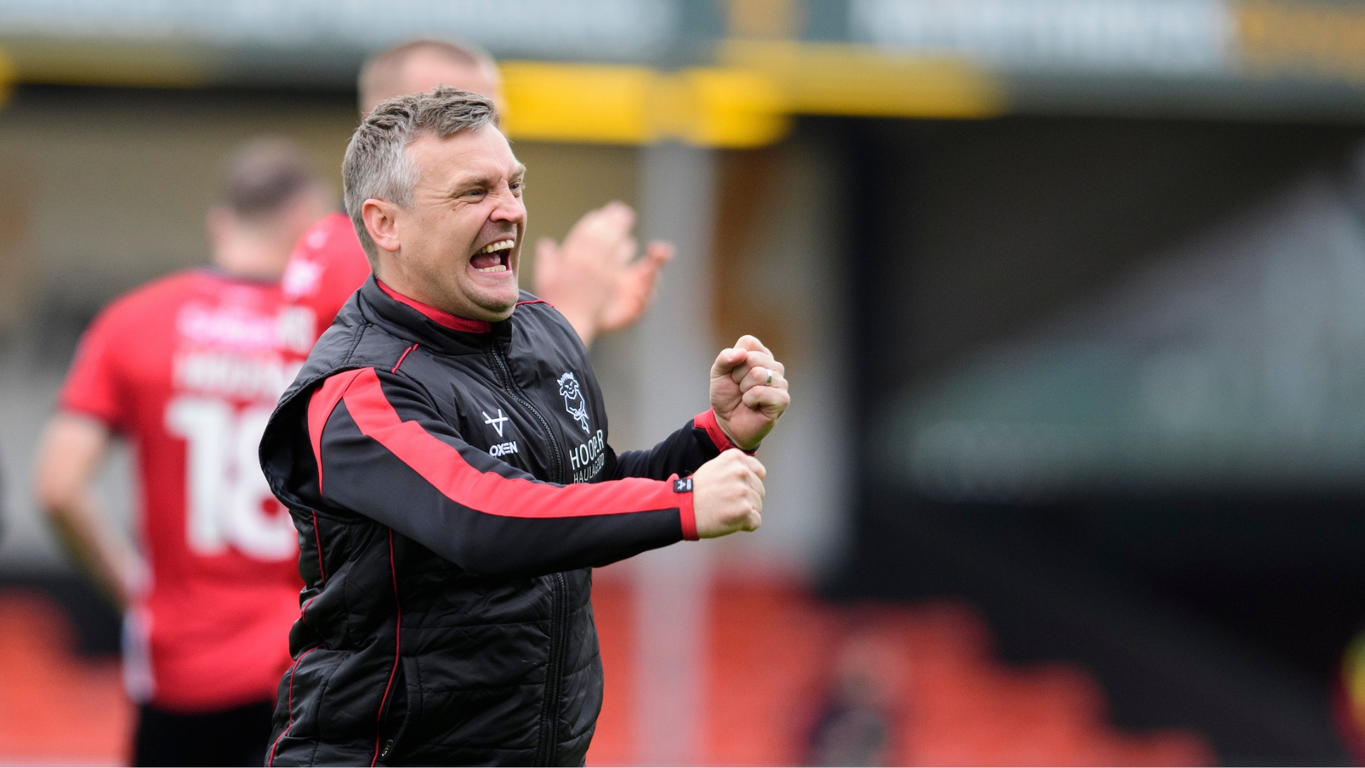 Michael Skubala, head coach of Lincoln City celebrates following the EFL Sky Bet League One match between Lincoln City and Stevenage at LNER Stadium, Lincoln.