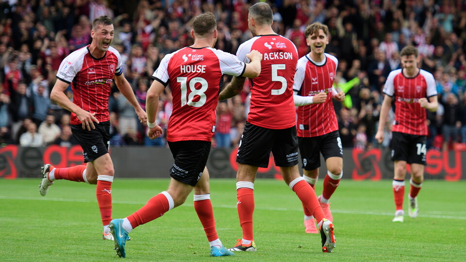 City celebrate Adam Jackson's first goal against Mansfield Town.