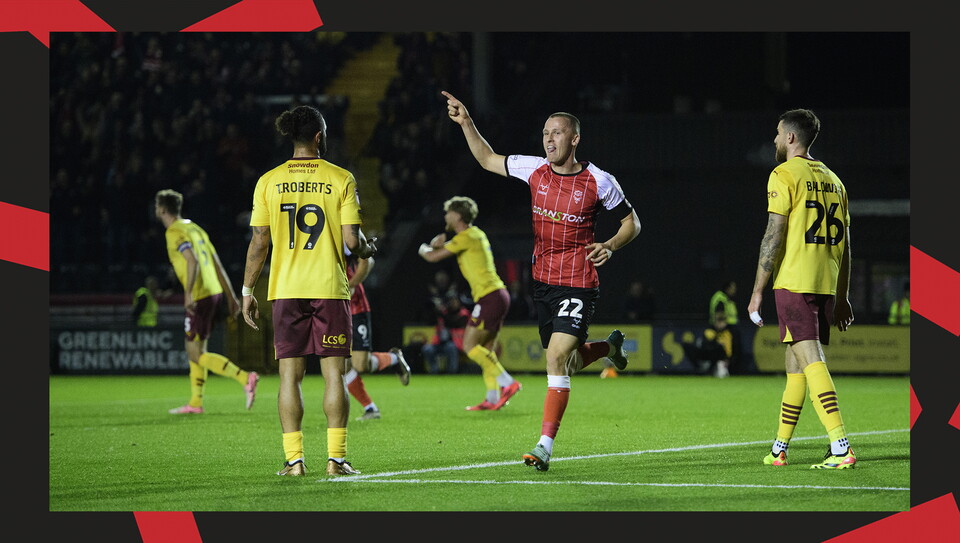 A match action image from Lincoln City's 2-1 home win over Northampton Town