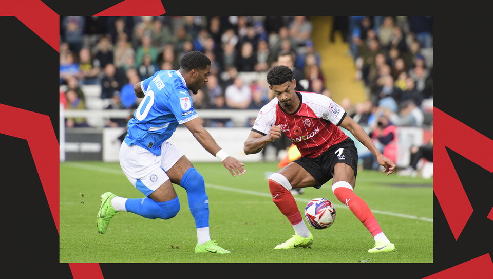 A match action image from Lincoln City's 2-1 home win over Stockport County.