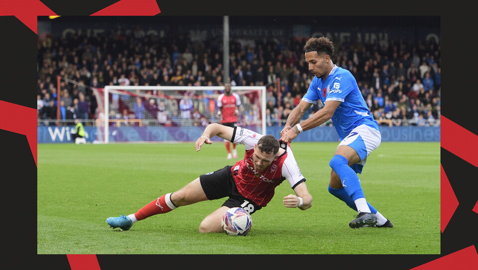 A match action image from Lincoln City's 2-1 home win over Stockport County.