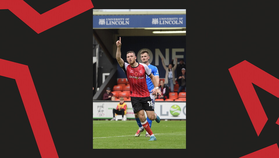 A match action image from Lincoln City's 2-1 home win over Stockport County.