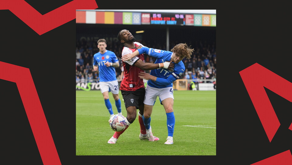 A match action image from Lincoln City's 2-1 home win over Stockport County.