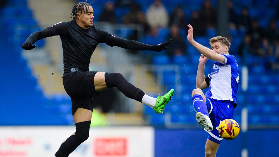 Jovon Makama challenges for the ball during City's away game at Bristol Rovers
