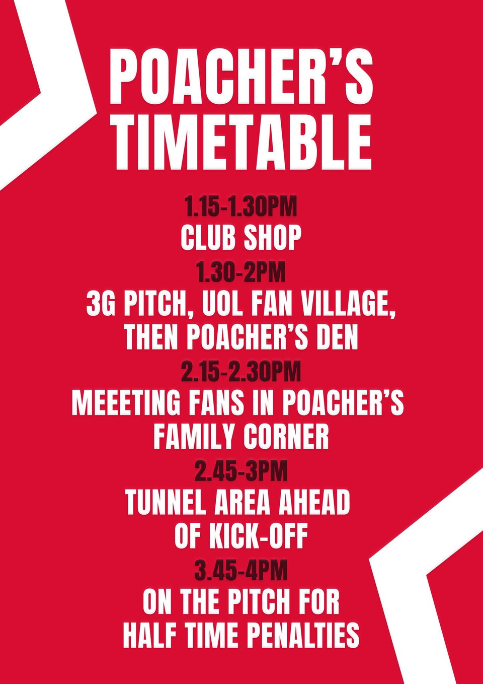 Poacher the Imp's matchday timetable
