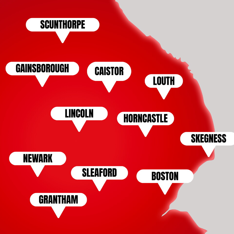 A map of Lincolnshire with 11 locations identified