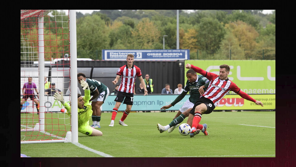 A match photo from Lincoln City's 3-2 home win over Plymouth Argyle