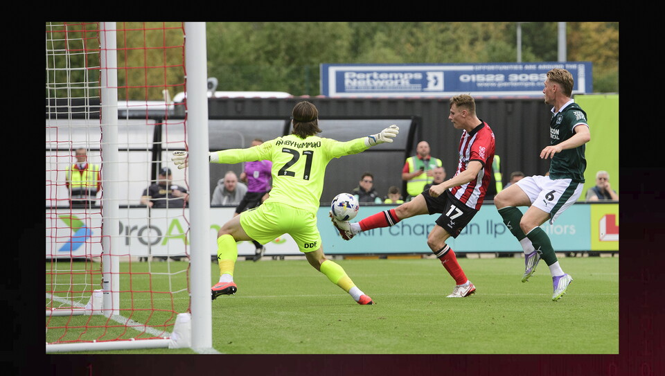 A match photo from Lincoln City's 3-2 home win over Plymouth Argyle