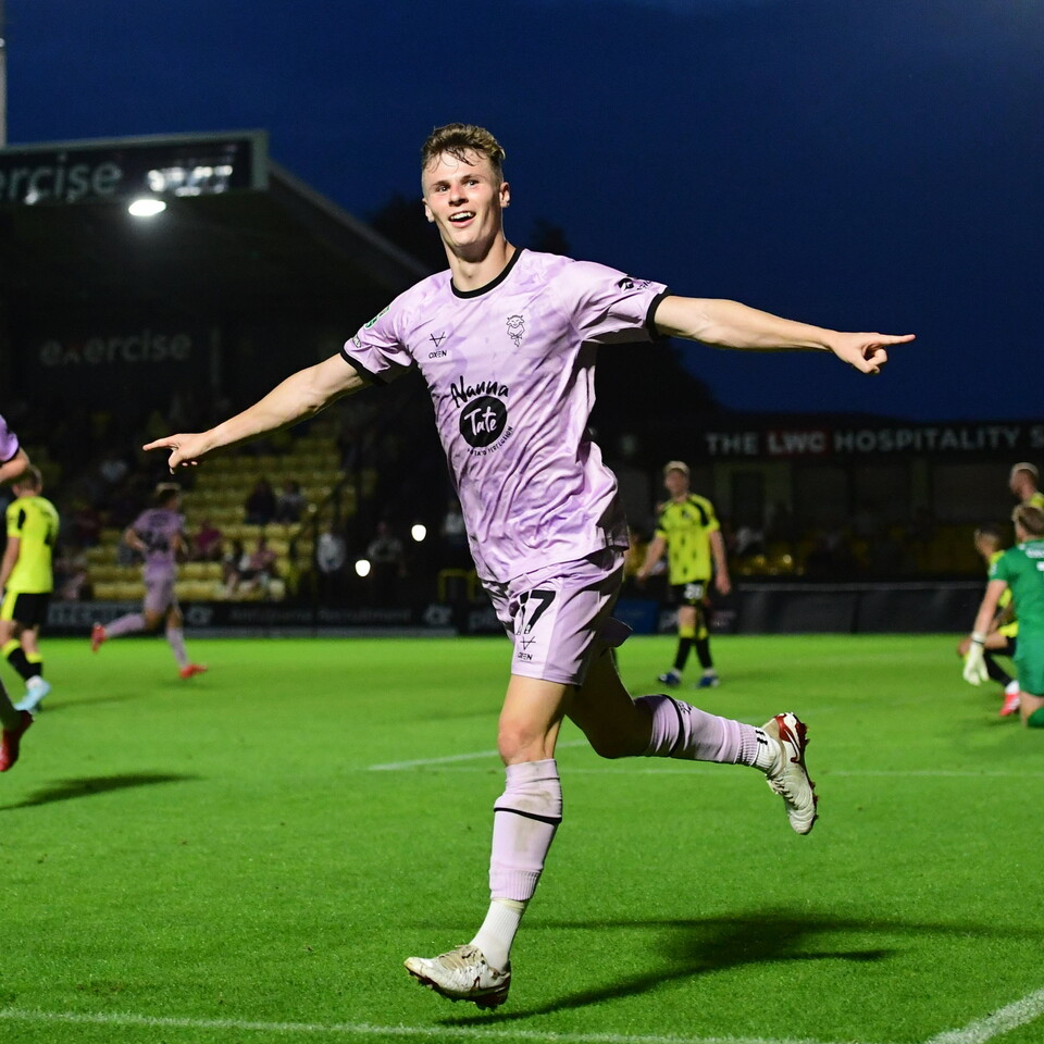 Rob Street celebrates scoring against Harrogate Town