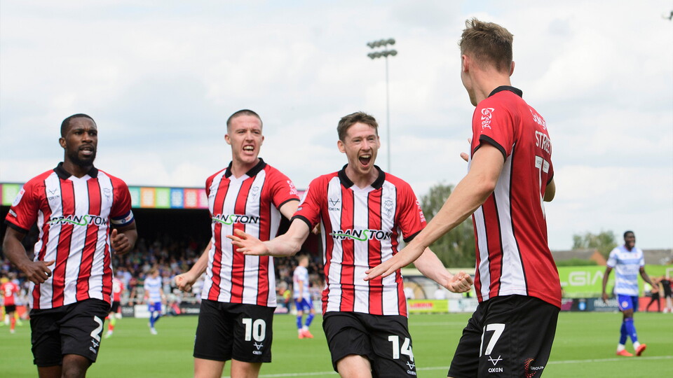 Rob Street of Lincoln City celebrates scoring the opening goal during the EFL Sky Bet League One match between Lincoln City and Reading at LNER Stadium, Lincoln.