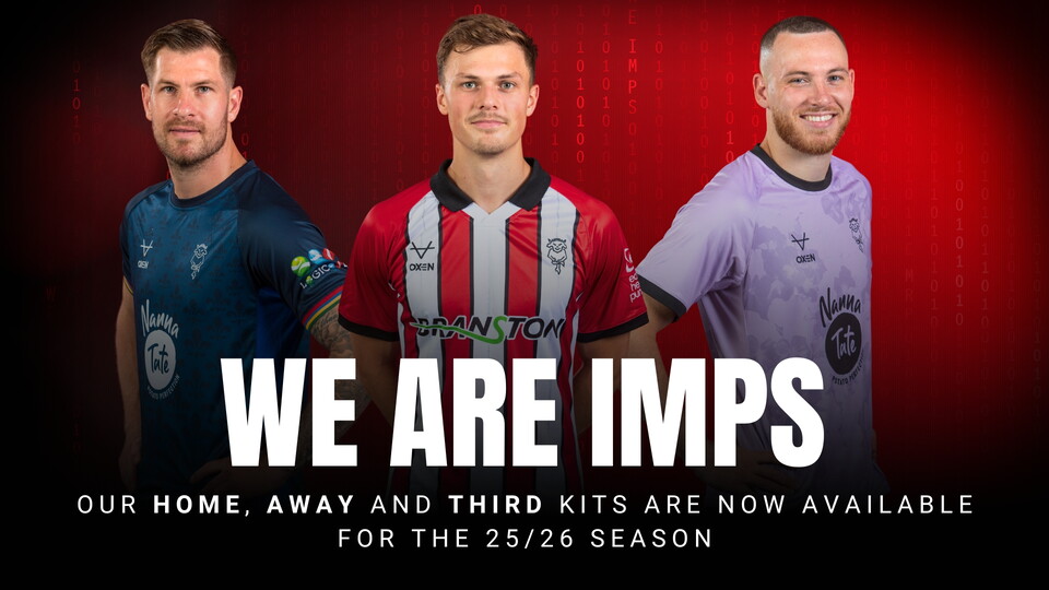 The Lincoln City home, away and third shirts for 25/26