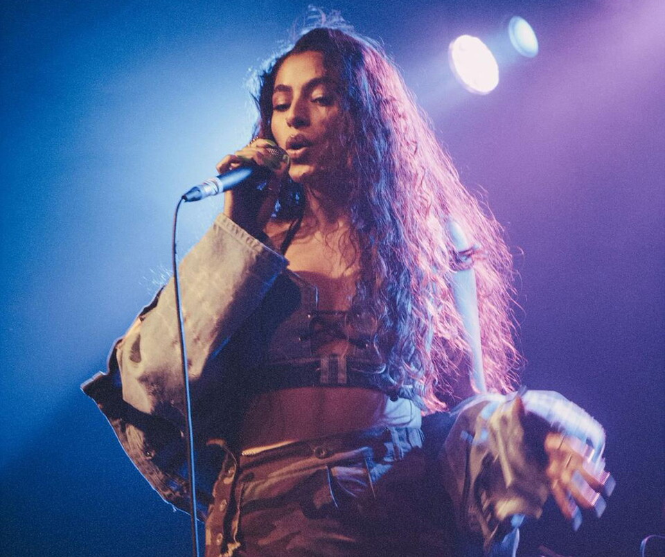 A woman holds a microphone as she sings on stage. She is wearing a brown dress and has long brown hair