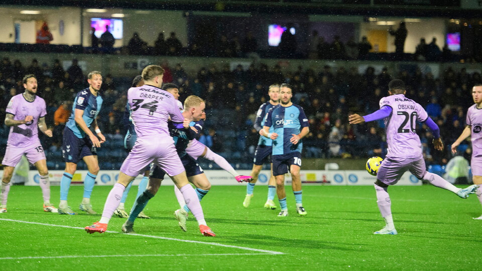 Justin Obikwu turns in a goal for City at Wycombe Wanderers