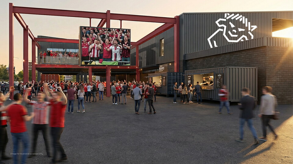 An artist's impression of the Fan Village with a big screen