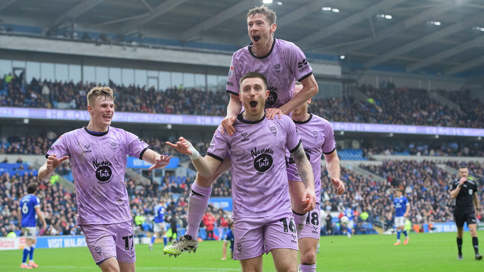 The Imps celebrate Dom Jefferies' goal at Cardiff