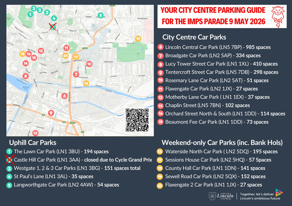A map of Lincoln with car parks highlights