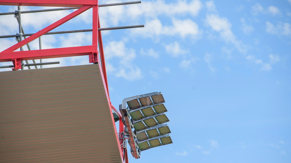A floodlight on the top of a stand