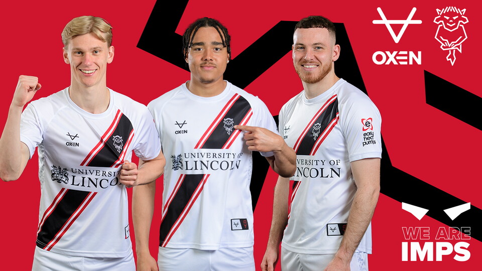 Lasse Sorensen, Jovon Makama and Ben House pictured in the 242/5 away kit. It is predominantly white with a black sash.
