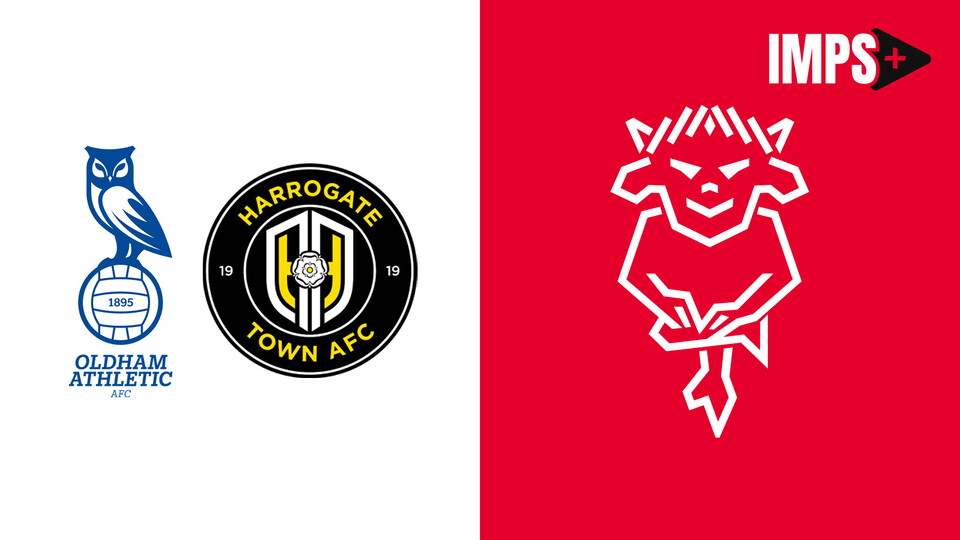 A graphic featuring the badges of Oldham Athletic, Harrogate Town and Lincoln CIty