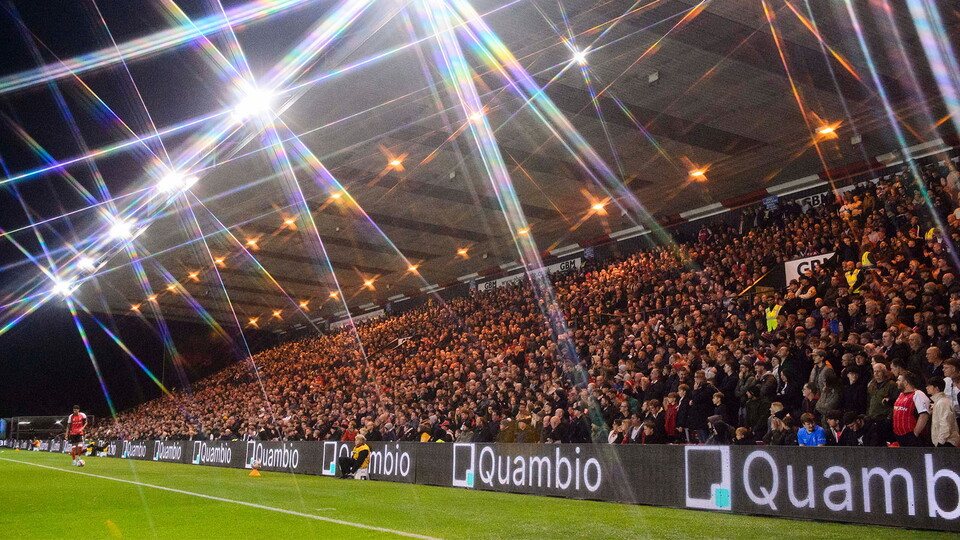 Supporters at the LNER Stadium supporting their team at a night fixture