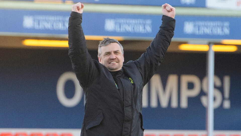 Michael Skubala celebrates at full-time of City's 5-0 win over Bristol Rovers
