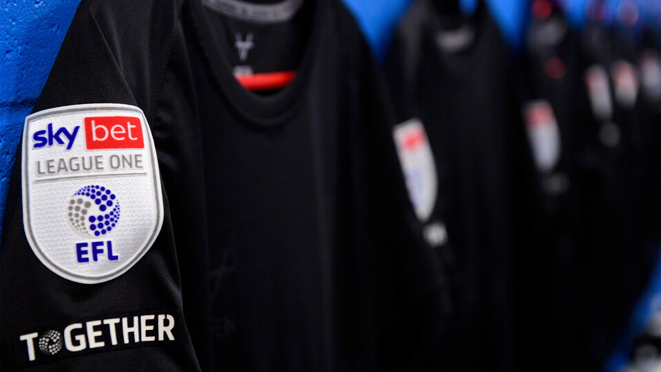 The EFL Sky Bet League One badge on a Lincoln City third shirt in the changing room prior to the EFL Sky Bet League One match between Reading and Lincoln City.
